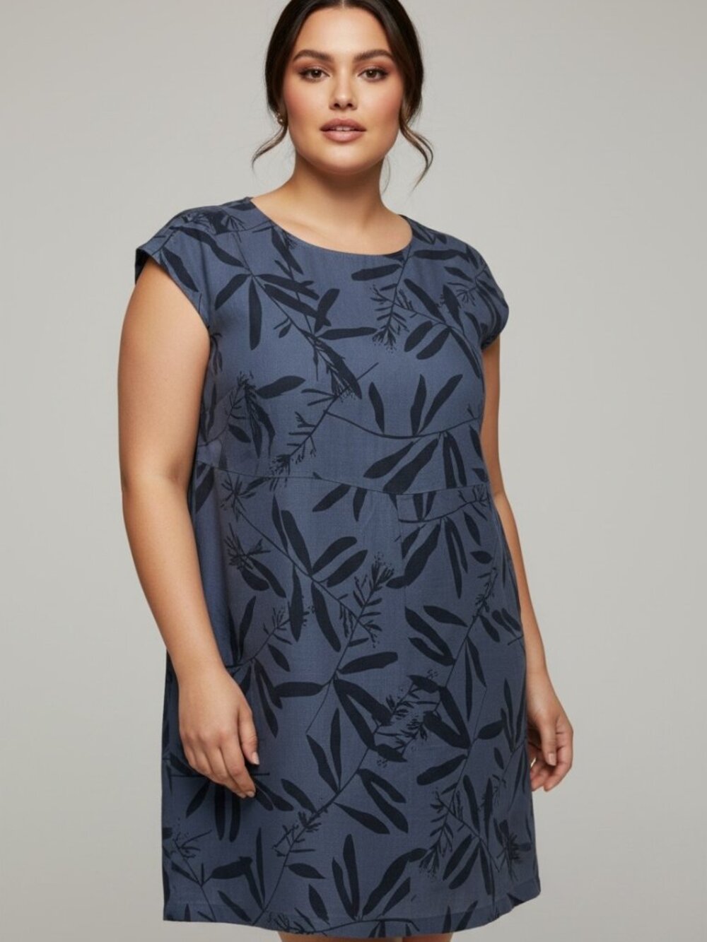 Lungo L'Arno Italian 100% Linen Blue Leaf Print Shift Dress Plus Size 1X